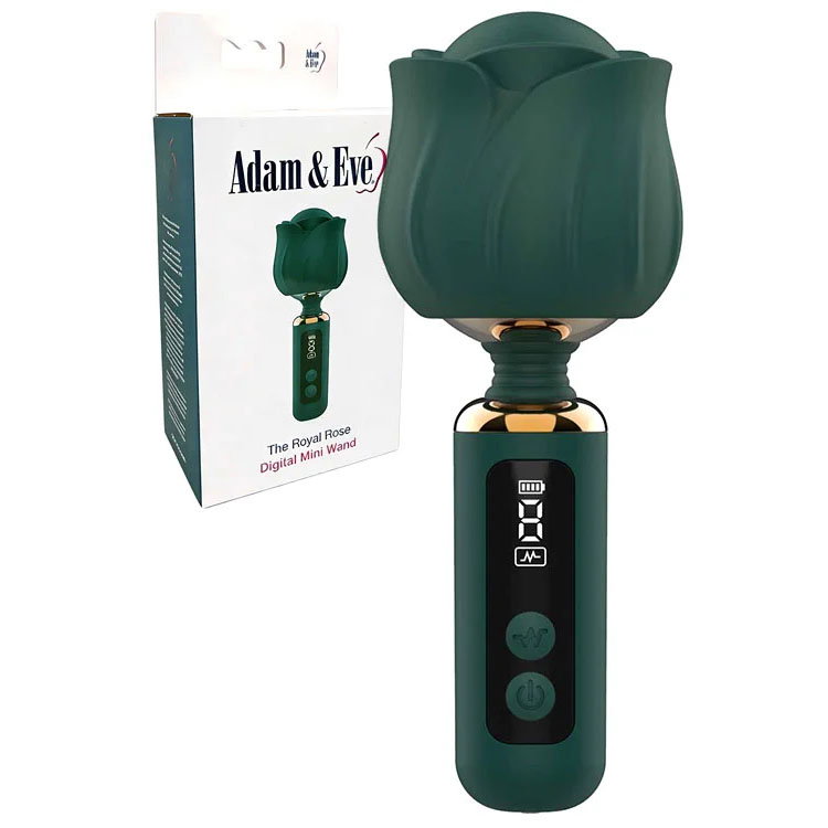 Adam & Eve Royal Rose Mini Wand vibrator in green with flower-shaped head and digital display